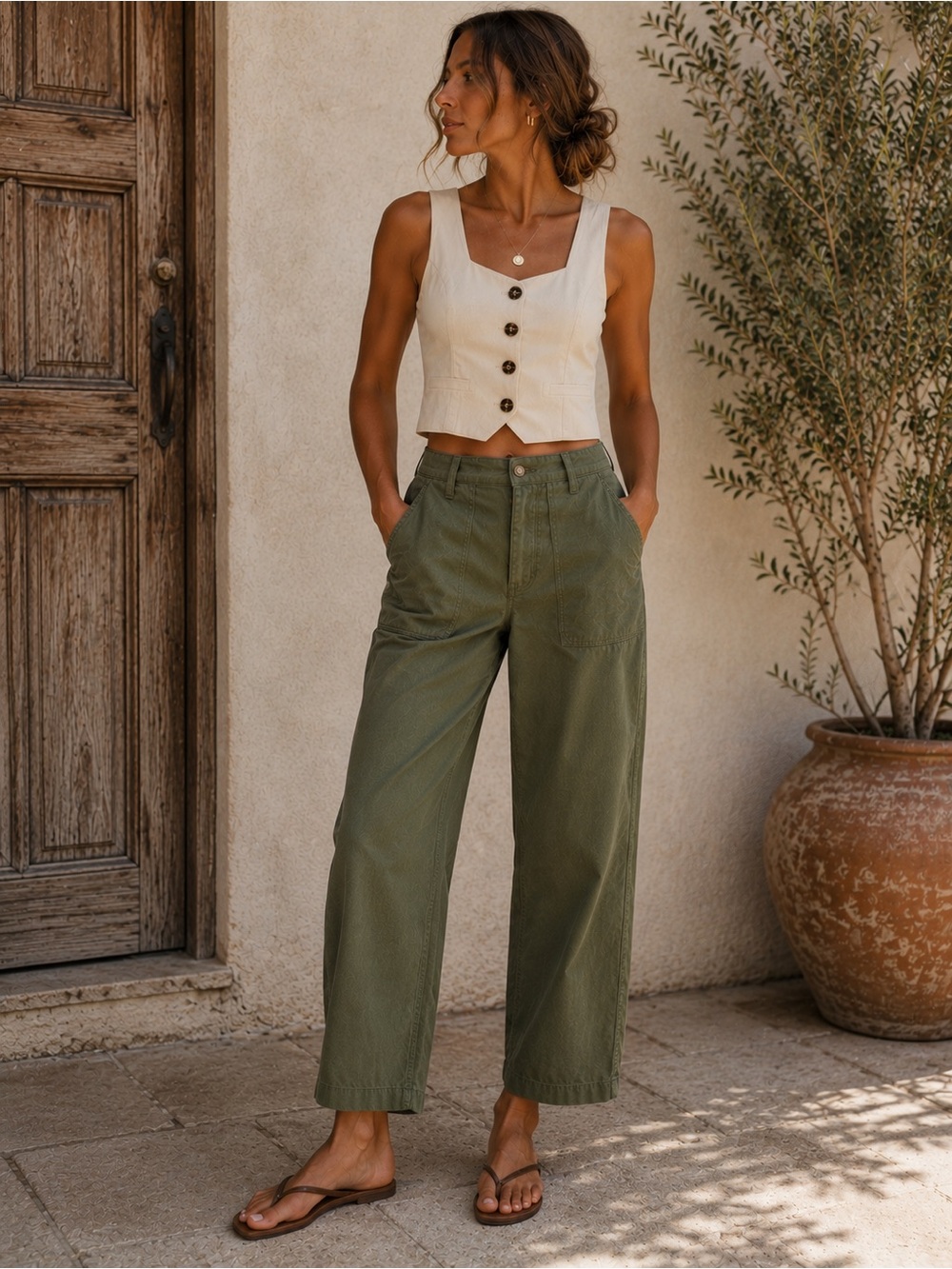 Quiksilver Linen Blend Utility Pants Olive Green Baggy Straight Leg Skater Girl